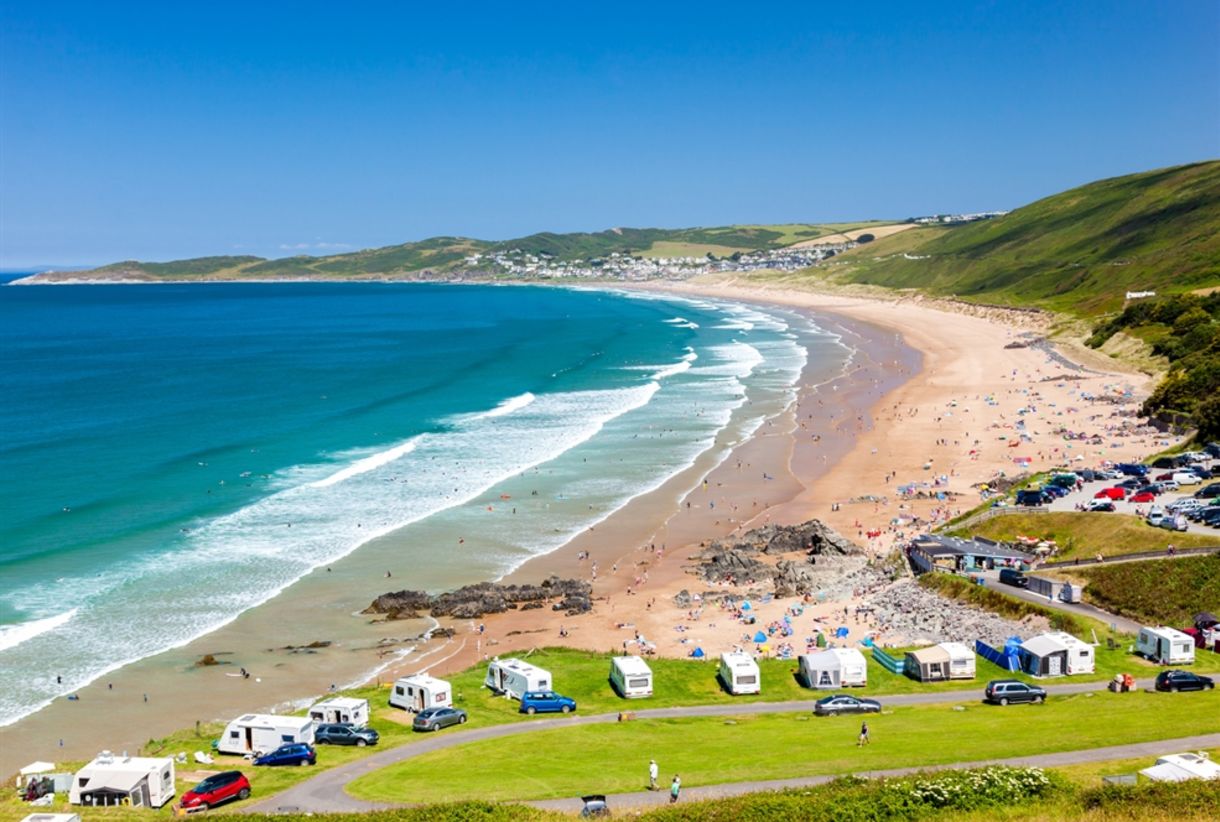 Wide view of Putsborough beach in North Devon