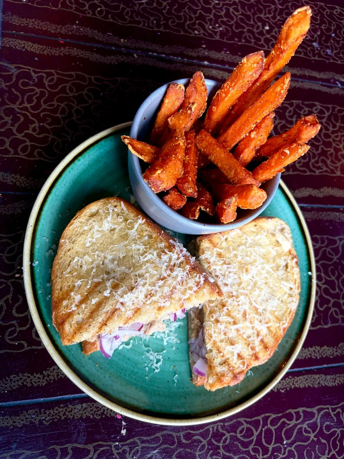 Tuna melt toastie with sweet potato fries at Teatro Lounge Clevedon