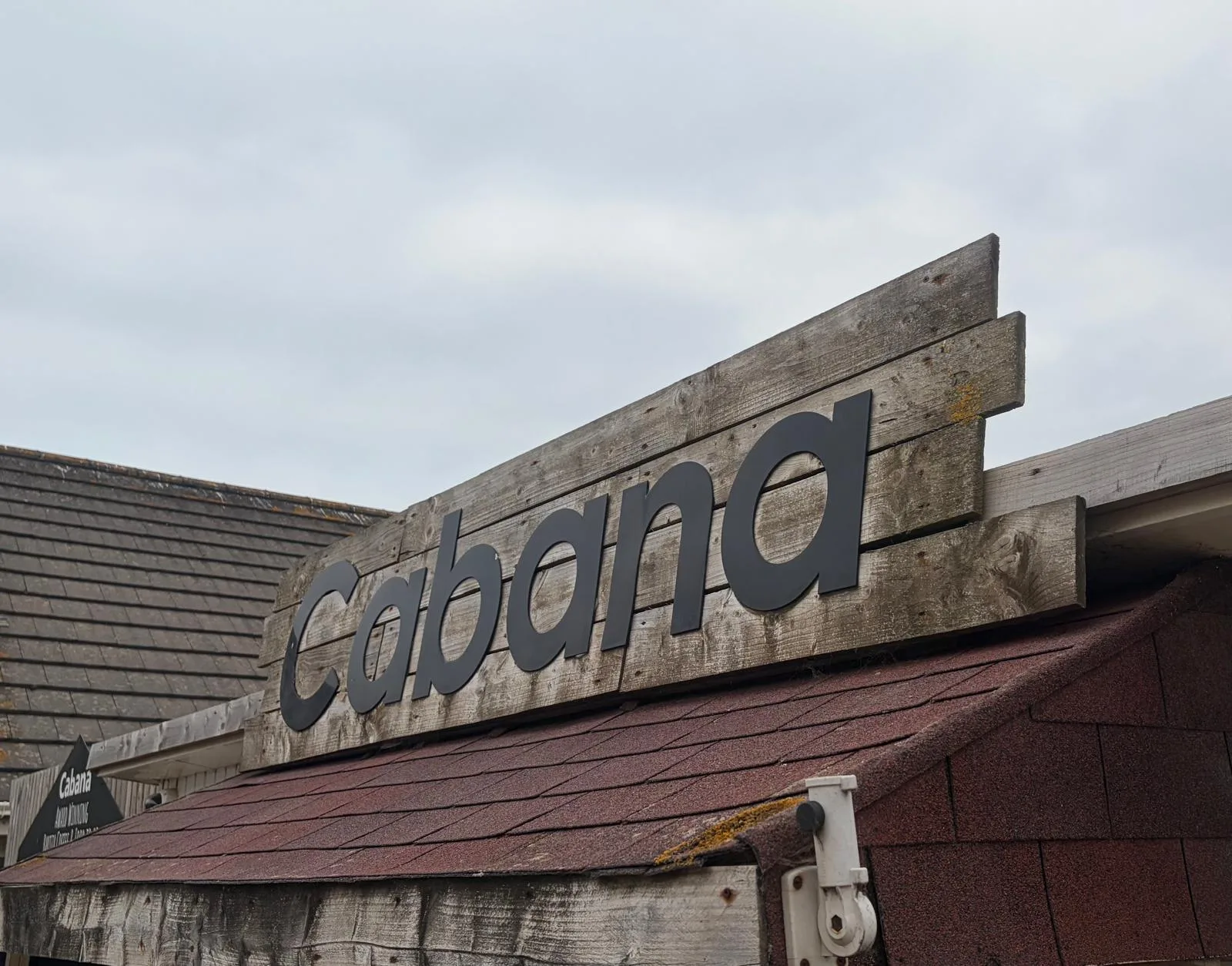Timber Cabana sign above the beachside cafe in Westward Ho!