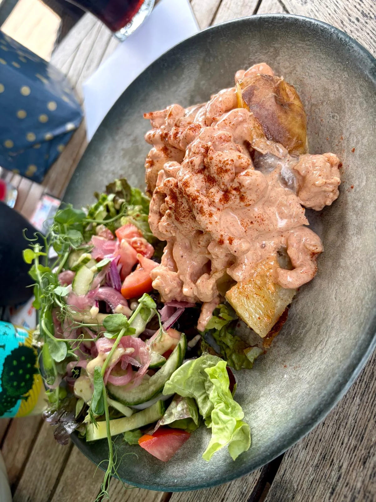 Prawn jacket potato with salad at The Waterfront Inn