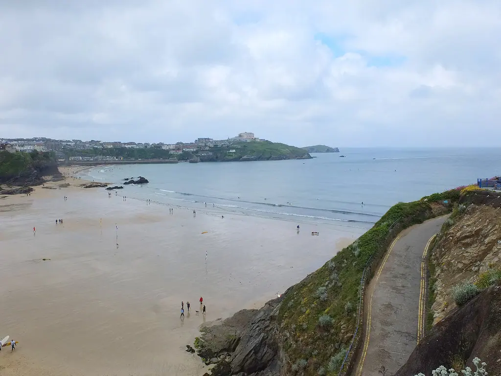 Great Western Beach in Newquay seen from the cliff path at low tide